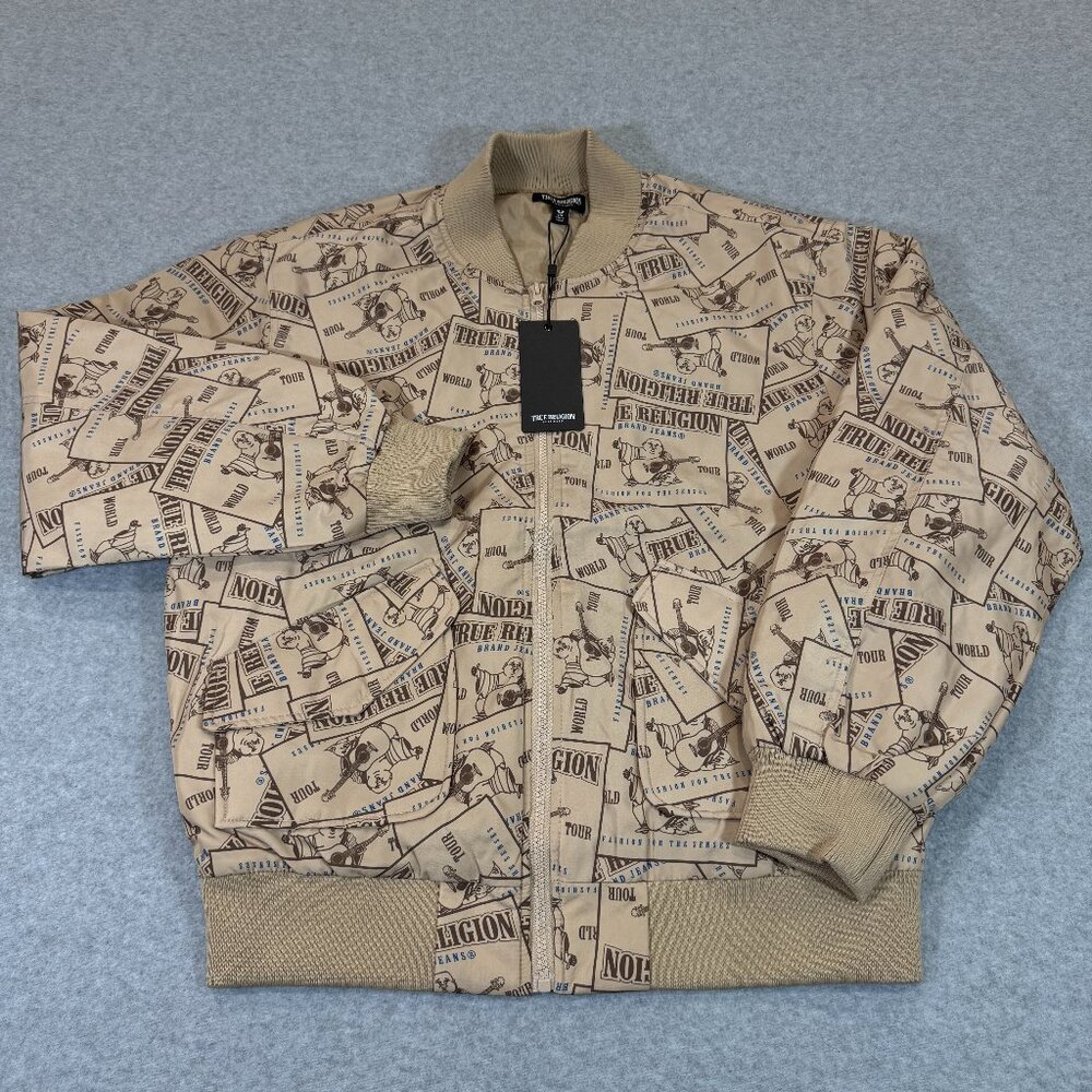 True Religion Aviation Series AOP Bomber Jacket Mens Small Travertine/Beige NWT